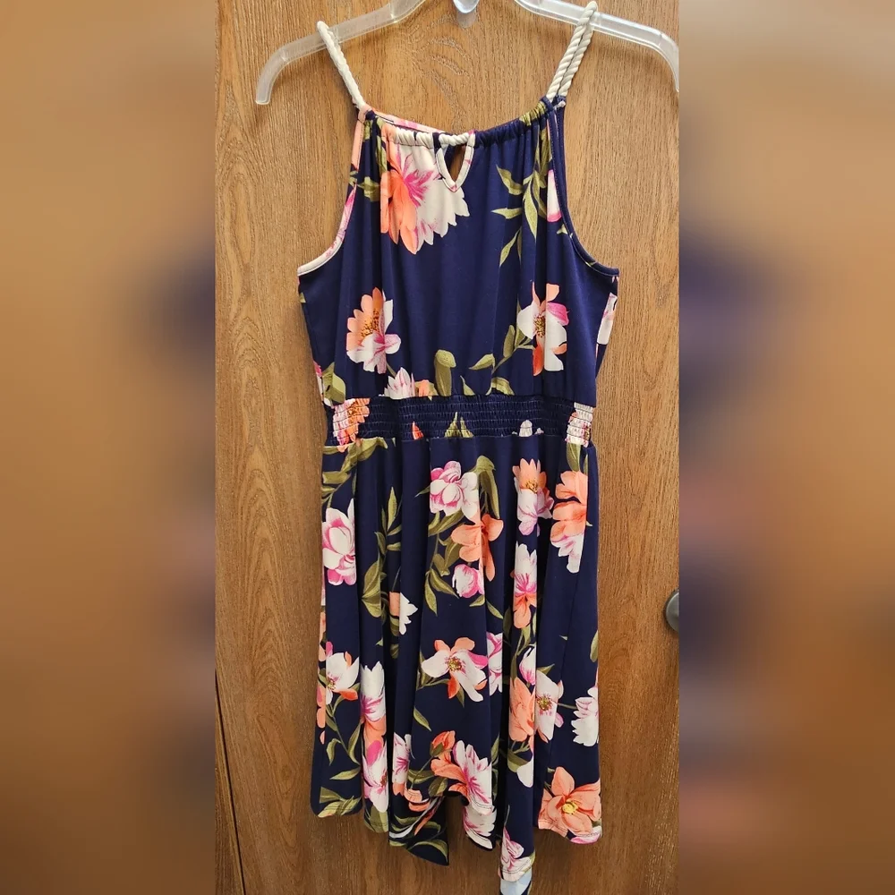 Floral Navy Blue Sleeveless Dress Size 18 Scarf Drape Hem - Picture 1 of 10